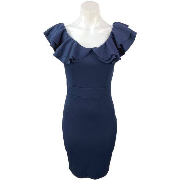 Quiz Navy Blue Ruffle Sleeve Stretch Cocktail Fitted Sheath Mini Dress Size 8 - Picture 1 of 5